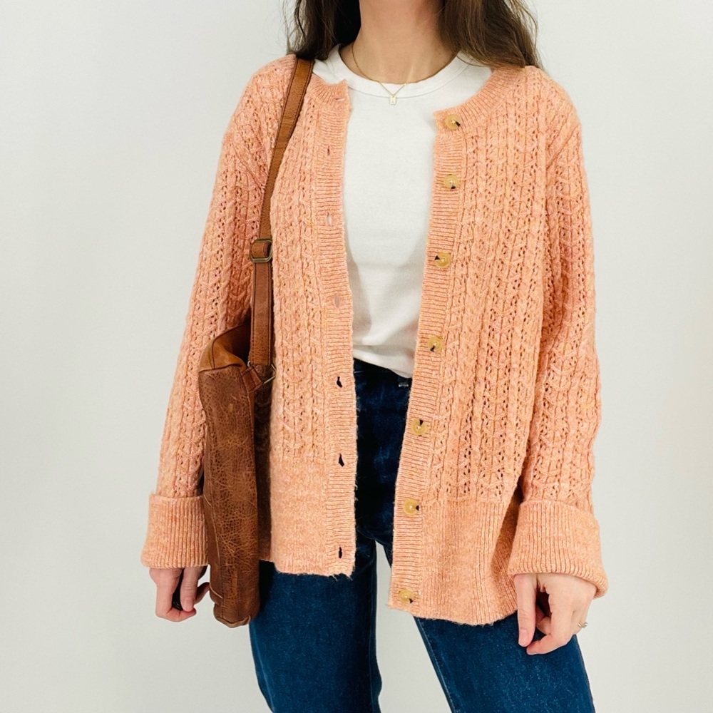 vtg peach cobbler pointelle cottagecore wool blend knit cardigan sweater XL